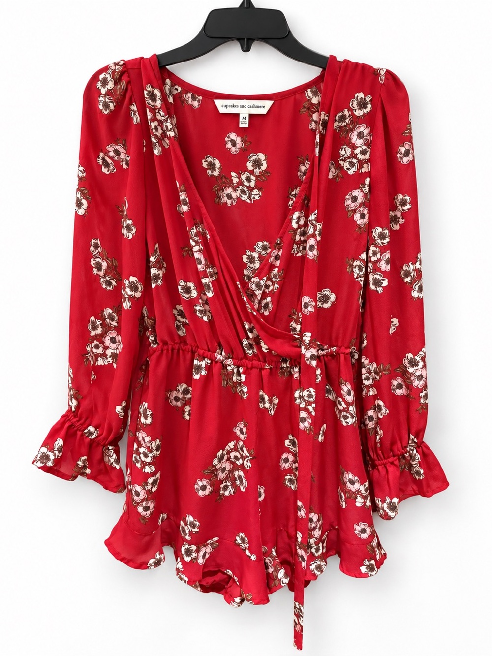 cupcakes & cashmere Red Floral Wrap Romper with Tie Waist